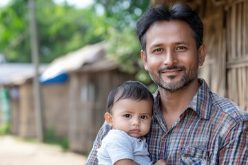 Fototapeta premium Indian Father Holding Baby in Arms While Smiling Outdoors