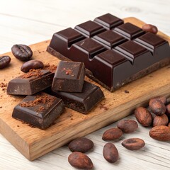 A photostock images of chocolate chunks and cocoa nibs with cocoa beans on a clean white background