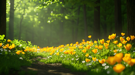 Obraz premium Sunlit Forest Path with Yellow Flowers
