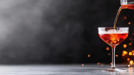 Elegant Cocktail Pouring into Coupe Glass with Ice and Bokeh Background