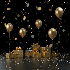 The image captures a festive scene with gold balloons, gold-wrapped gift boxes, and confetti, all set against a black background.