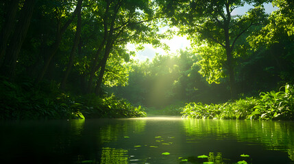 Fototapeta premium Sunlit Forest River Scene