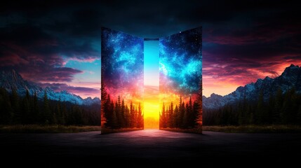 Large open door with a view of a forest leading to an enigmatic luminous unknown landscape