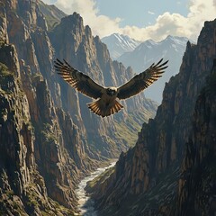 A majestic hawk soars above a rugged mountainous landscape, its wings spread wide, with a river meandering through the valley below.