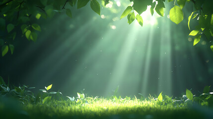 Obraz premium Sunlit Forest Scene with Green Leaves and Grass