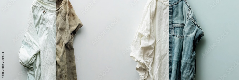 Aufkleber comparison of dirty and freshly laundered clothes showing the difference in cleanliness and freshnes