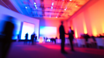 Professional individuals gather in a spacious convention center, engaging in conversations while colorful lighting creates an energetic atmosphere during the evening hours
