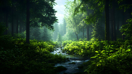 Obraz premium Sunlit Forest Stream, Lush Green Trees and Foliage