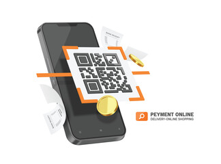 Money or gold coins and a receipt or invoice paper come out of smartphone after customer scan QR code to pay for services online, vector 3d illustration isolated for Payment via online wallet design