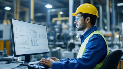 Engineer in a safety helmet and reflective vest analyzes production data at a computer in a bustling Indian factory, focusing on performance metrics and operational improvements for the team