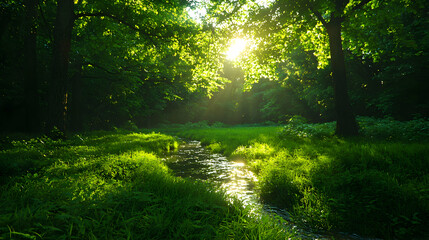 Obraz premium Sunlit Forest Stream Landscape