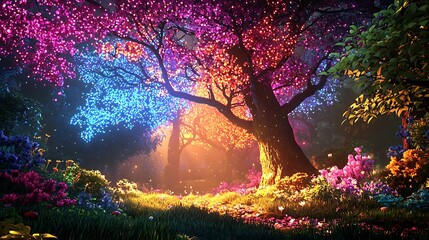Glowing fantasy tree, enchanted forest, night, magic, game design