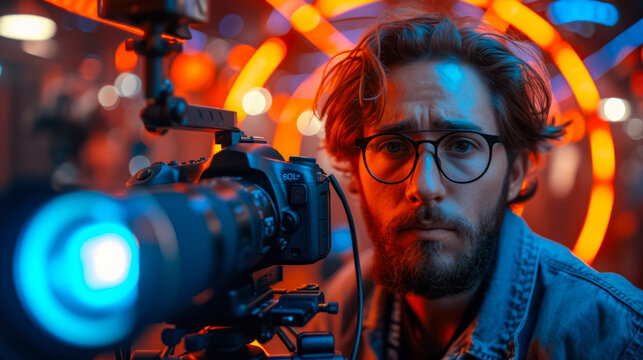 Creative Content Creator Filming in Neon Studio