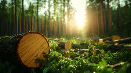 Naklejka premium Sunlit Forest with Cut Logs