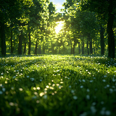 Obraz premium Sunlit Forest with Green Grass and White Flowers