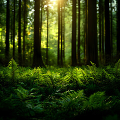 Fototapeta premium Sunlit Forest With Lush Green Ferns