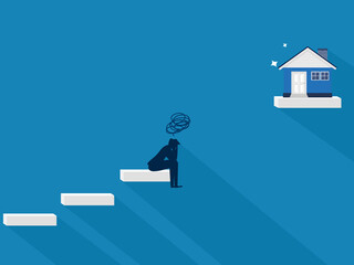 Real Estate Problems .Businessman Sad About the Gap Between Stairs and Top of Houses