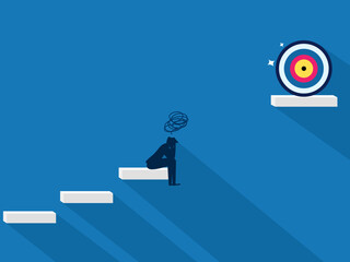 Business goal failed. Businessman sad about the gap between the stairs and the goal