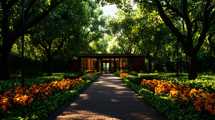 Sunlit Garden Path Leading to Modern Glass Building