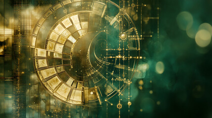 Steampunk Time Machine Golden Clockwork Abstract Design with Emerald Green Background and Bokeh Effect