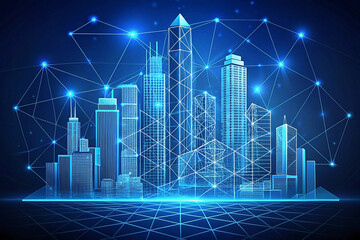 Smart city network, digital cityscape, glowing nodes, futuristic background, tech presentation