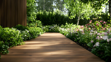 Obraz premium Sunlit Garden Path with Blooming Flowers