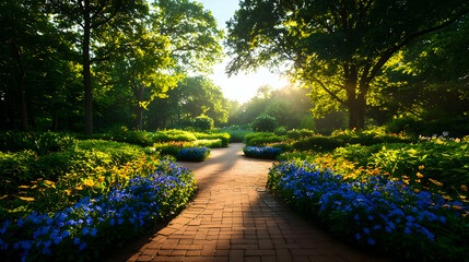 Obraz premium Sunlit Garden Path with Blooming Flowers