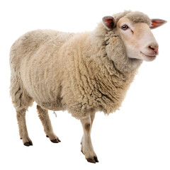 A fluffy sheep stands with a confident posture, showcasing its thick wool coat and friendly expression