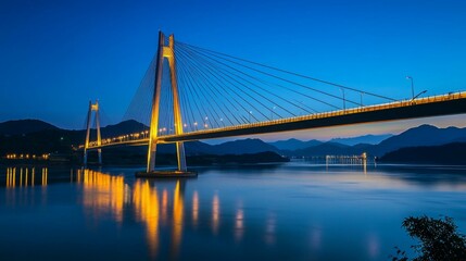 Obraz premium Majestic Bridge at Dusk with Reflections on Calm Water Surface