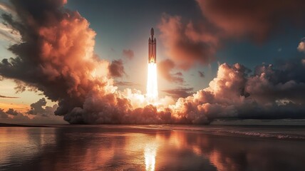 A rocket launches from Cape Canaveral, Florida, illuminating the twilight sky