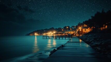 Starry Night over Waterfront with Pier and Illuminated Buildings