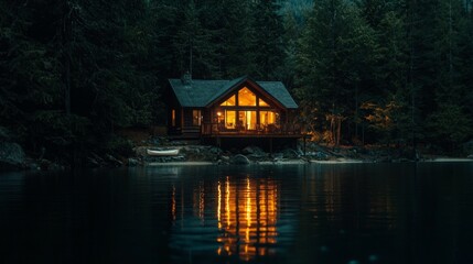 Obraz premium Cozy Cabin Emitting Warm Light Beside Serene Forest Lake