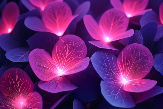 Glowing pink and purple hydrangea petals illuminated from within, creating a magical floral background. Closeup of ethereal flower heads with vibrant neon colors. - Powered by Adobe