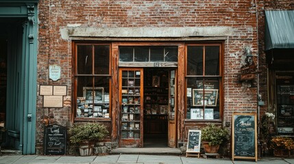 Charming Vintage Shopfront with Rustic Brick Wall and Display Window