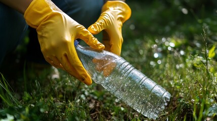 Naklejka premium Environmental Conservation Concept - Hands in Yellow Gloves Picking Up Plastic Bottle from Grass with Water Droplets