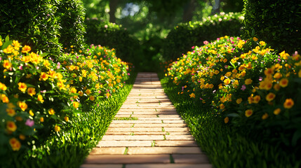 Obraz premium Sunlit Garden Path with Yellow and Pink Flowers
