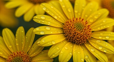 Vibrant Yellow Daisy Flower With Water Droplets And Blurred Daisy Field Background