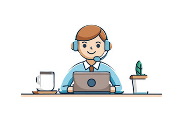 A remote worker icon with a headset, a laptop, and a coffee cup on a table vector art illustration.eps