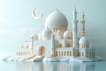 Fototapeta premium Islamic decoration background for Ramadan with lantern and mosque 3D rendering. 3D Illustration