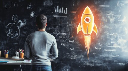 A person stands in a creative workspace gazing at a chalkboard featuring a rocket illustration. Various sketches and notes surround the rocket, indicating a brainstorming session for startup ideas