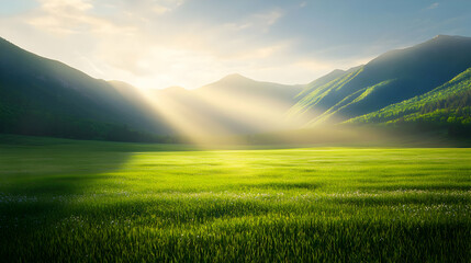 Naklejka premium Sunlit Green Field with Mountain Background