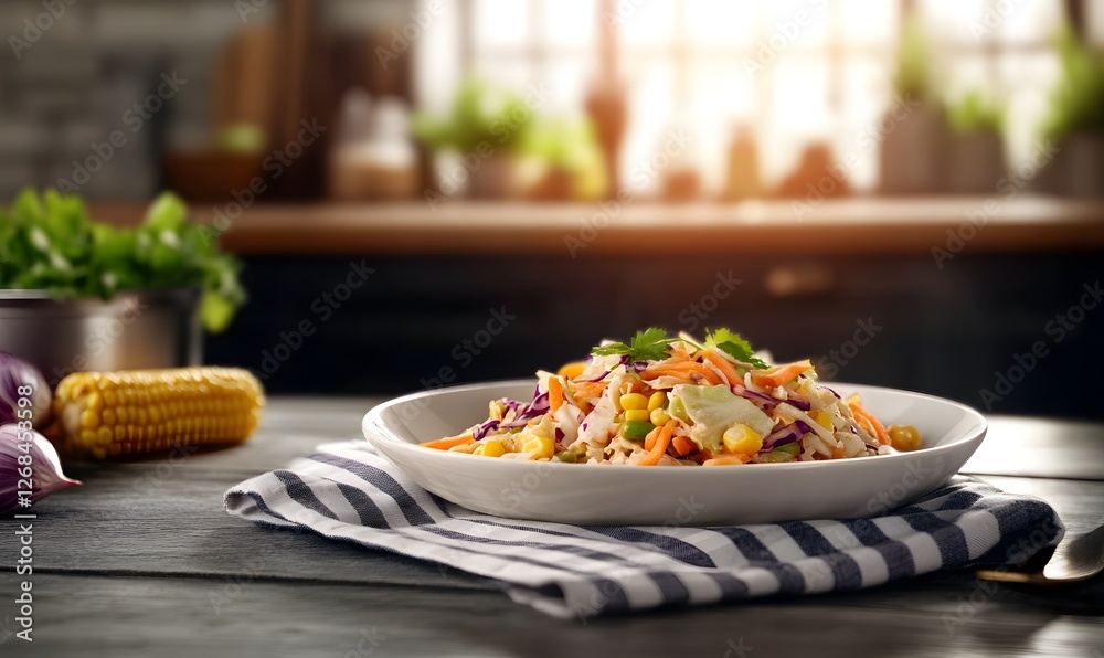 Wall mural Chinese cabbage slaw with corn in white plate, lots of extras on the table checkered cloth, Generative AI