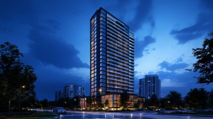Modern High-Rise Building in Urban Setting at Dusk