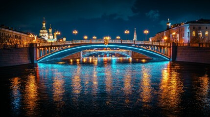 Naklejka premium Illuminated Bridge at Night over River with Cityscape in Background