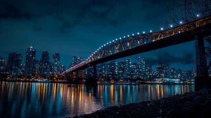 Naklejka premium Night View of Brightly Lit Bridge Reflected in Calm Water Below