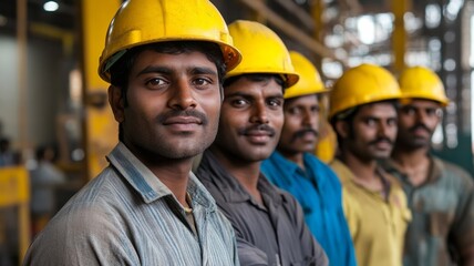 Six men wearing yellow hard hats stand in a line at a construction site, showcasing their teamwork and dedication to the job. The atmosphere is industrious, highlighting the environment