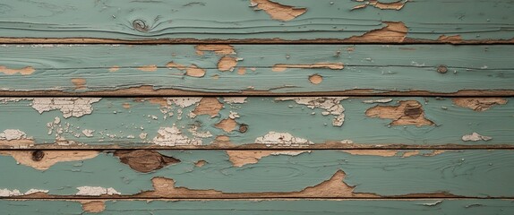 Fototapeta premium close-up view of a weathered wooden surface, featuring horizontal planks with a distressed, peeling paint finish. The predominant color is a faded green, interspersed with patches of exposed wood and