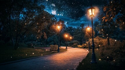 Serene Night Walk in Enchanted Park with Starry Sky and Lanterns