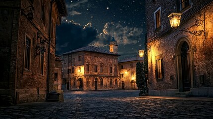 Obraz premium Serene Night in Tuscan Village with Stars and Street Lantern Light
