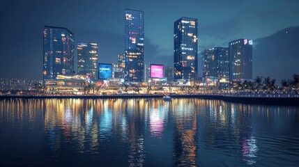 Obraz premium Urban skyline at night with reflections in water and bright lights